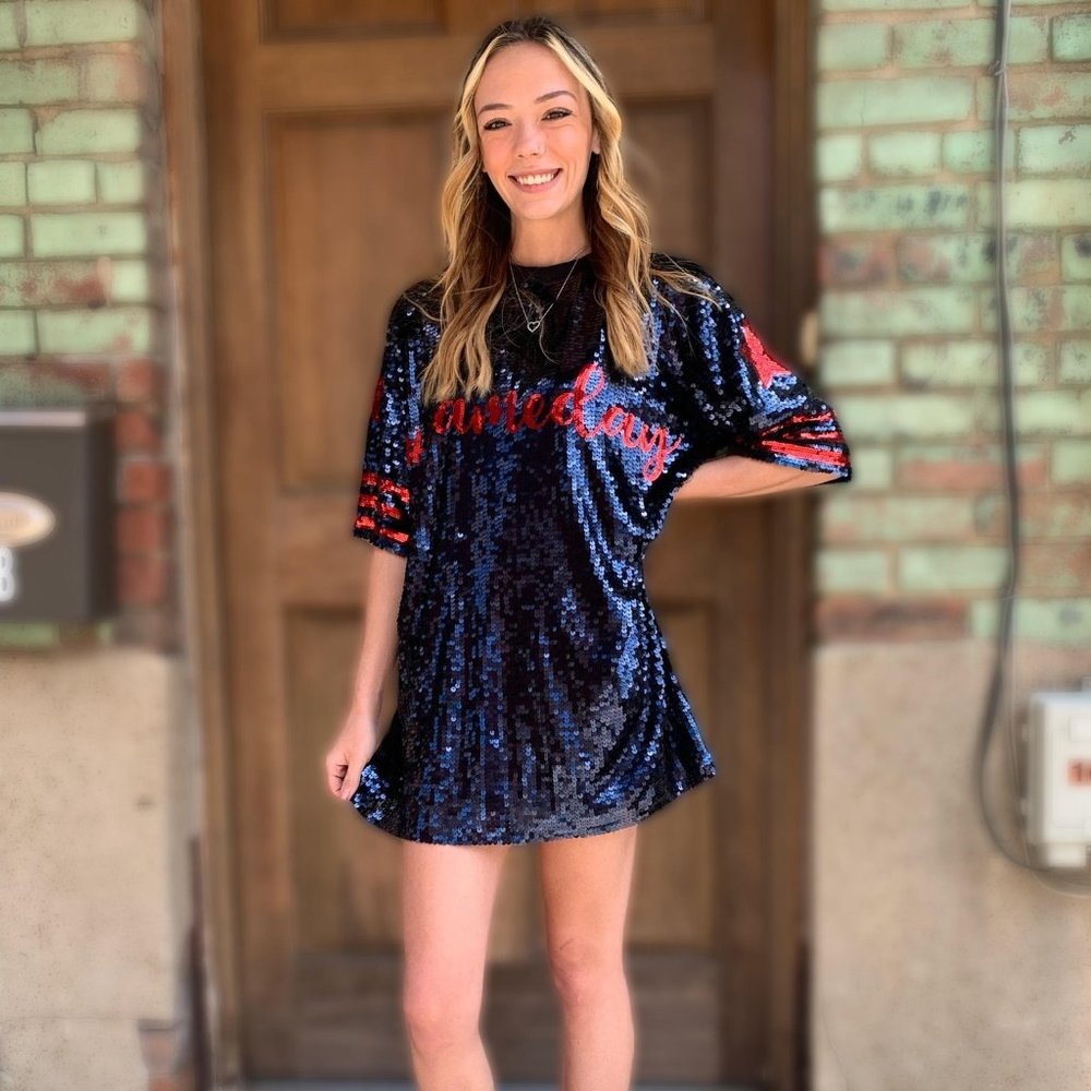 Why Dress Navy Blue & Red Sequin Gameday Dress College Football